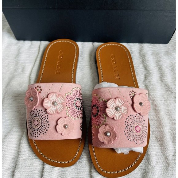 NIB Coach Peony Suede Slide Sandals w/ Tea Rose Rivets G2091 - Size 5B - Picture 6 of 8